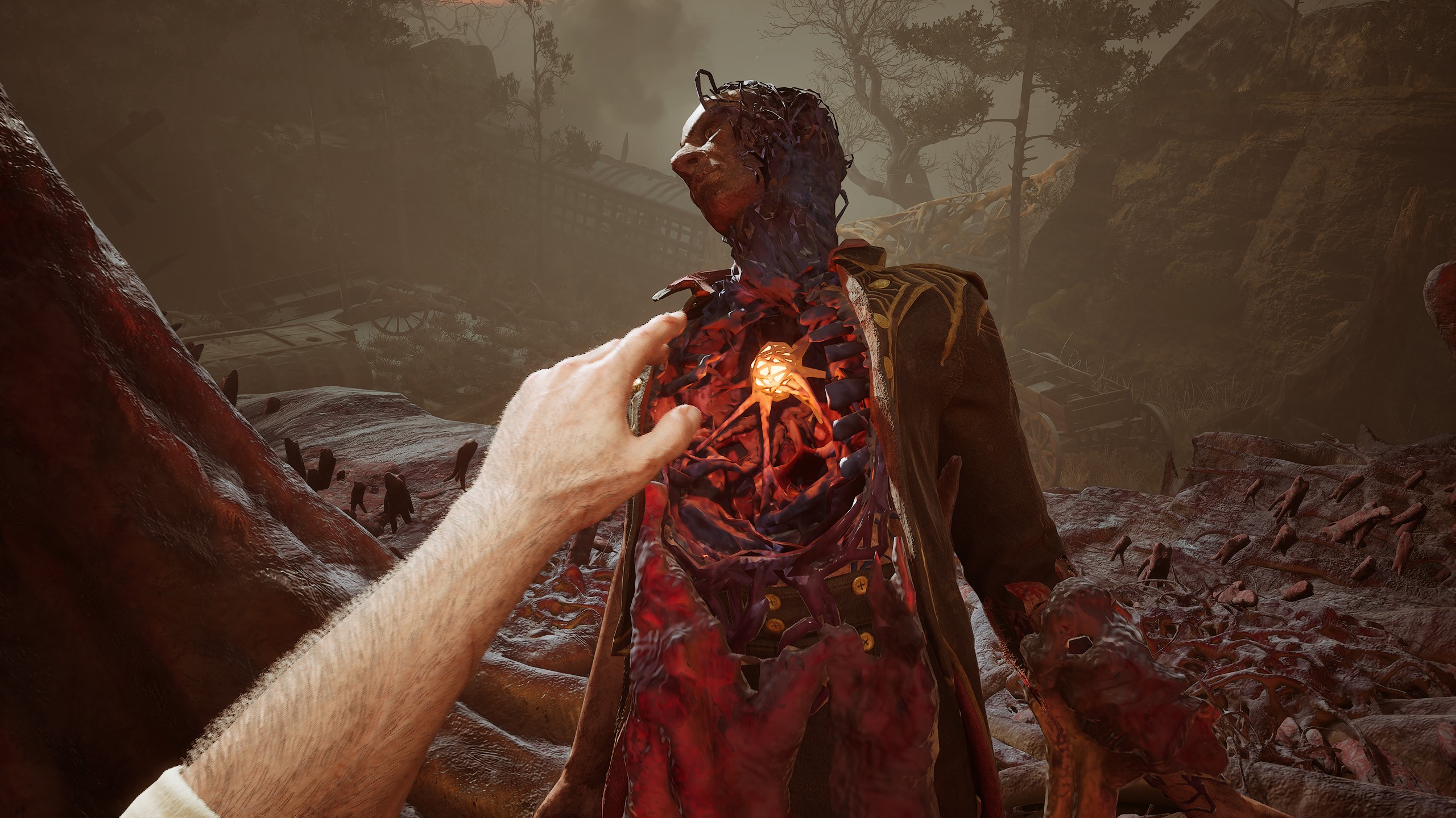 Reaching out for a red orb within a soldier's ribs in Valor Mortis