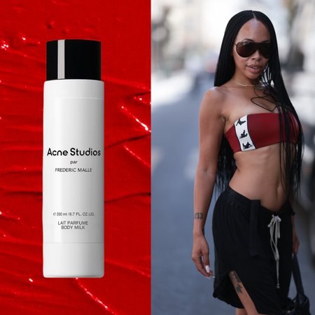 A woman with long braids wearing a red and white bandeau top and black pants. She is next to Frederic Malle x Acne Studio body wash and lotion.