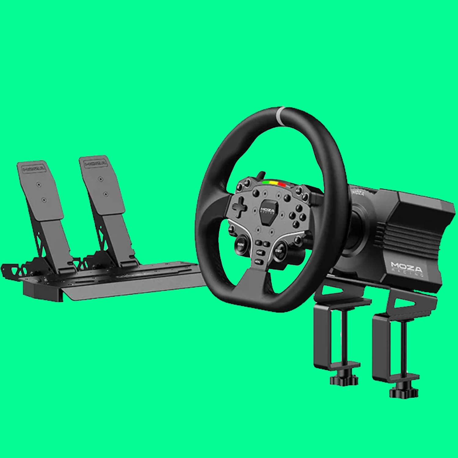 A Moza R5 direct drive wheel and pedal bundle on a green background