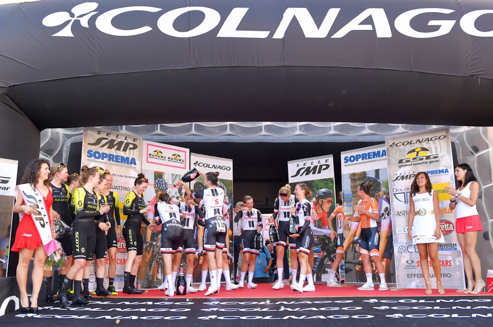 Micthelton-Scott, Team Sunweb and Boels Dolmans on the Giro Rosa podium after the opening team time trial