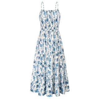 Women Sleeveless Spaghetti Strap Dress Square Neck A-Line Ruffle Hem Maxi Dress Floral Sundress Blue Floral S