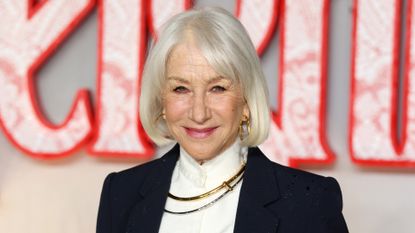 Dame Helen Mirren is pictured wearing a white shirt and black blazer at the "Wuthering Heights" UK Premiere at Odeon Luxe Leicester Square on February 05, 2026 in London, England.