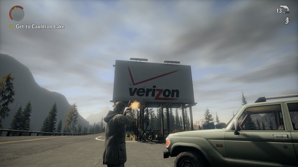 A verizon roadside billboard in the video game Alan Wake. Alan Wake is shooting the billboard.