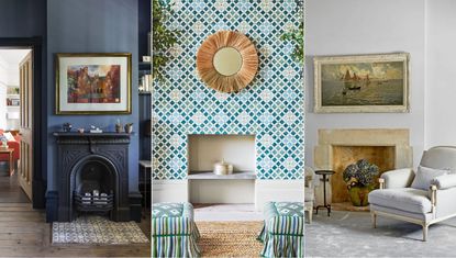 How to decorate an empty fireplace. Blue living room with fireplace with candles | Fireplace with blue wallapaper. Farmhouse bedroom with stone fireplace and flowers.