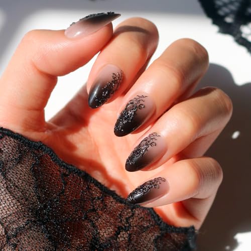 Glamnetic Halloween Press on Nails, Medium Almond Glossy, Til Death | Halloween &amp;amp; Fall Black Lace Press on Nails: Til Death. Full Nail Kit. Glue on Nails With Lace Nail Art. Fake Nails.