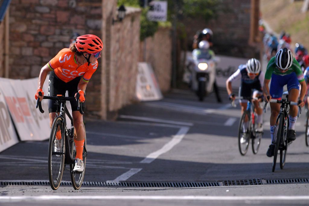 ASSISI ITALY SEPTEMBER 13 Arrival Sprint Marianne Vos of The Netherlands and Team CCC Liv Cecilie Uttrup Ludwig of Denmark and Team FDJ Nouvelle Aquitaine Futuroscope Green Mountain Jersey during the 31st Giro dItalia Internazionale Femminile 2020 Stage 3 a 1422km stage from Santa Fiora to Assisi 413m GiroRosaIccrea GiroRosa on September 13 2020 in Assisi Italy Photo by Luc ClaessenGetty Images