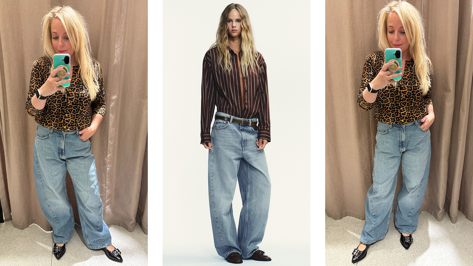 Antonia Kraskowski tries on Zara jeans; the same jeans on a Zara model