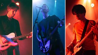 (from left) Ed O'Brien, Thom Yorke, and Jonny Greenwood perform onstage with Radiohead in 2000