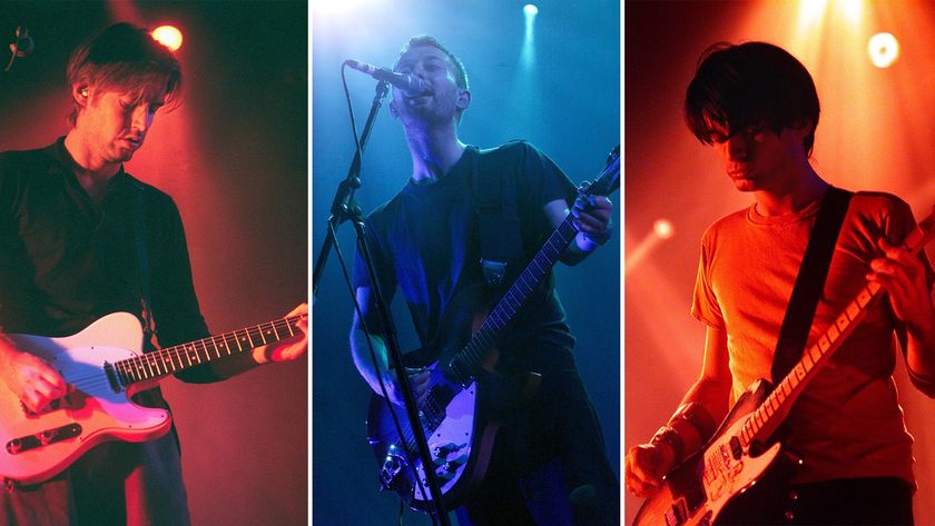 (from left) Ed O&#039;Brien, Thom Yorke, and Jonny Greenwood perform onstage with Radiohead in 2000