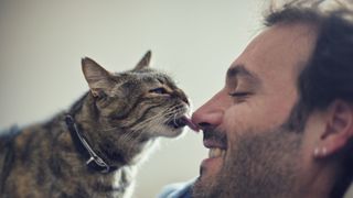 Cat licks man's nose