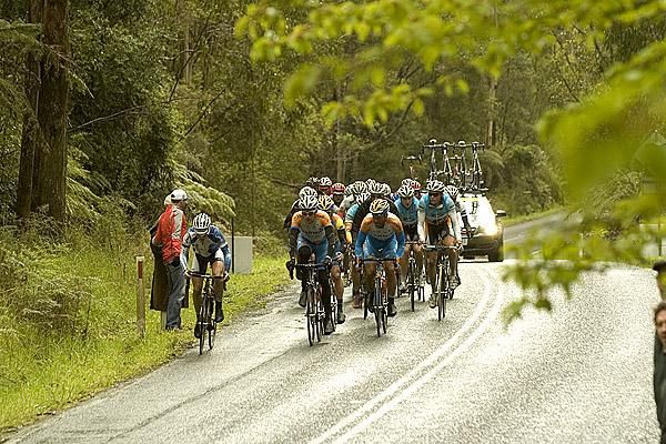 The lead group make their way over the top of the climb near Lorne on stage four.