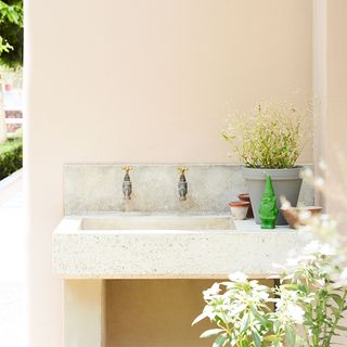 outdoor sink with painted wall and plant