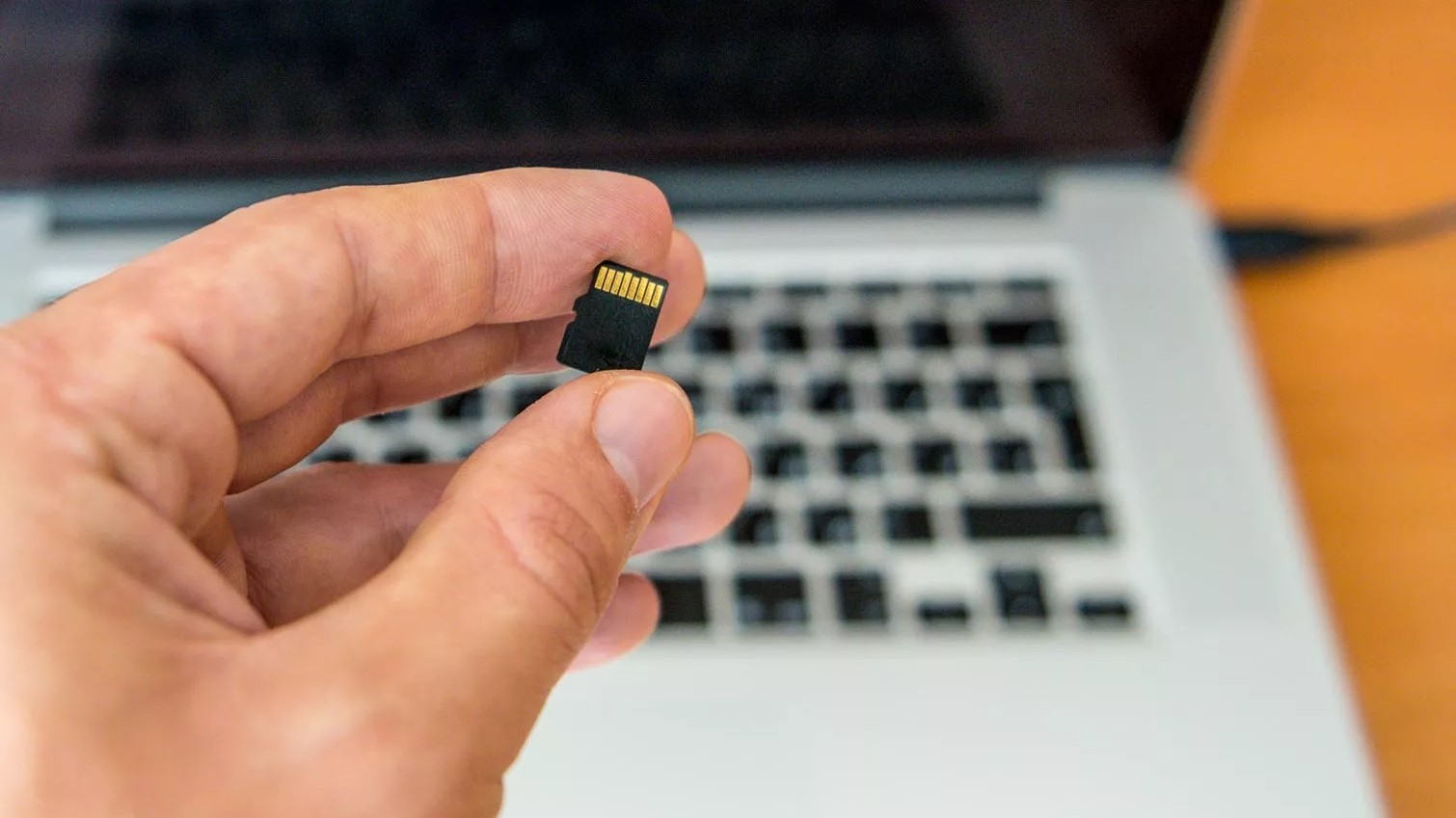 Tidal Tips показывает карту micro SD, которую держат между кончиками пальцев, на фоне ноутбука MacBook Pro.
