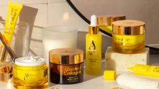 A variety of Absolute Collagen products on a bathroom side.