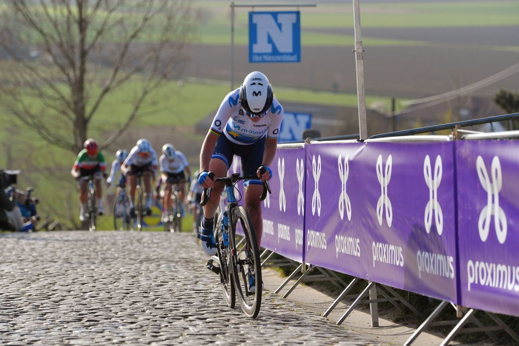 OUDENAARDE BELGIUM APRIL 04 Annemiek Van Vleuten of Netherlands and Movistar Team Women during the 18th Ronde van Vlaanderen Tour of Flanders 2021 Womens Elite a 1524km race frim Oudenaarde to Oudenaarde Attack Breakaway Paterberg Cobblestones sector RVV21 rondevanvlaanderen tourofflanders UCIWWT on April 04 2021 in Oudenaarde Belgium Photo by Luc ClaessenGetty Images