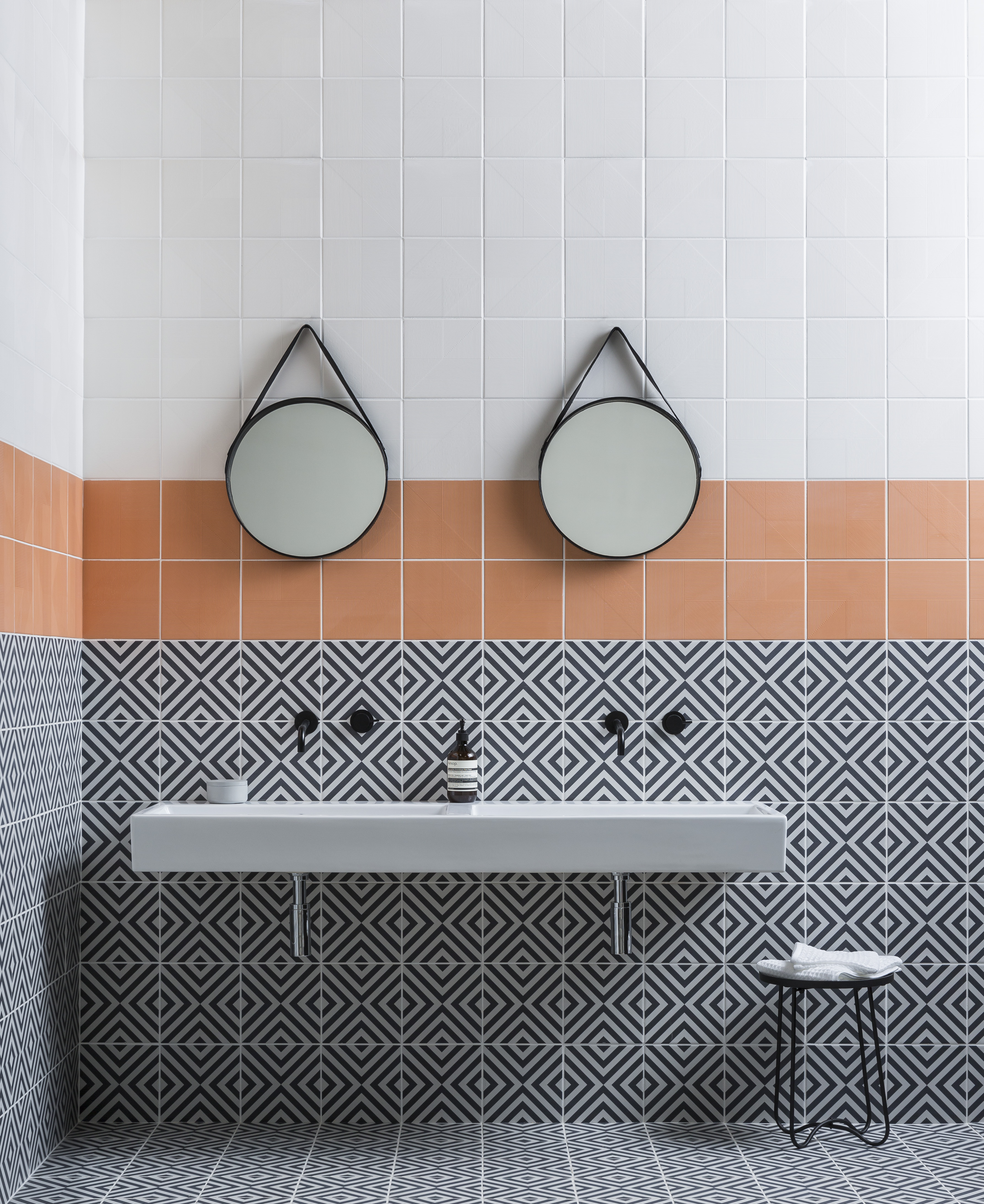 Carnaby White, and Carnaby Sunset ceramic tiles both £46.80 per m2, Harlequin Decor 4/6 ceramic tile, £40.80 per m2, each tile is 20 x 20cm, Mandarin Stone