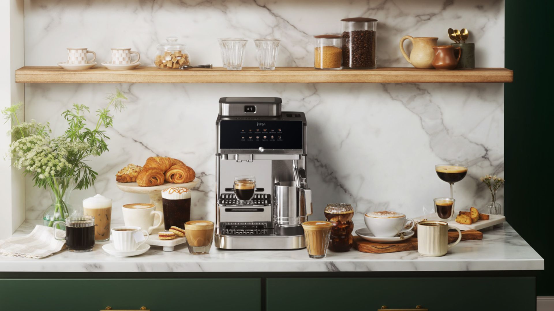 Ninja AutoBarista Pro Coffee Machine on a counter with a range of different coffee drinks around it