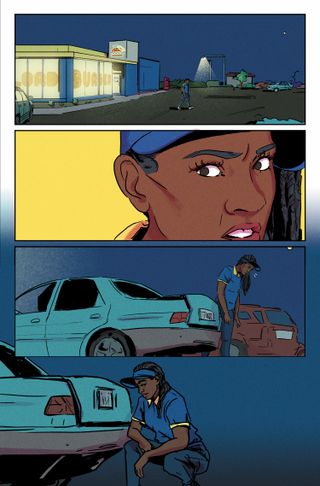A Black woman walks to her car at night in TRVE KVLT. Art by Liana Kangas and Gab Contreras.