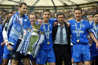 Petr Cech, Frank Lampard, Jose Mourinho and John Terry at Chelsea with the Premier League trophy