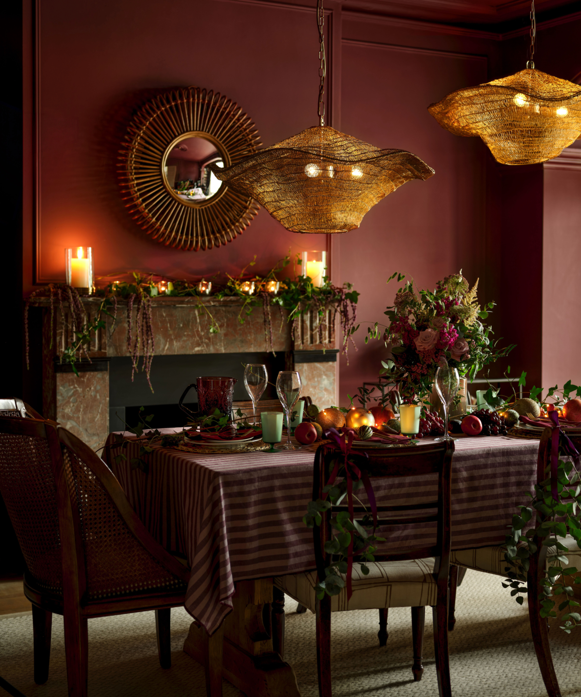 Burgundy dining room set up for Christmas