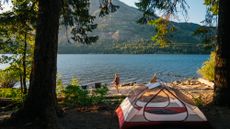 A tent is set up on the shoreline of a beautiful sparkling lake surrounded by green trees