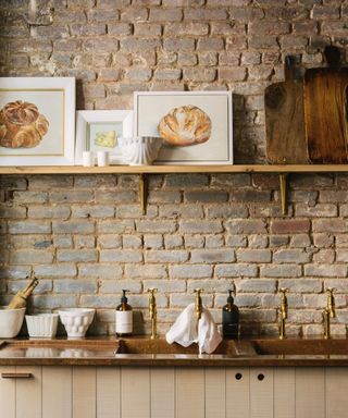 urban kitchen with exposed brick wall, copper countertop, brass hardware, plywood cabinets, single open shelf with objects, artwork, white tableware, deVOL