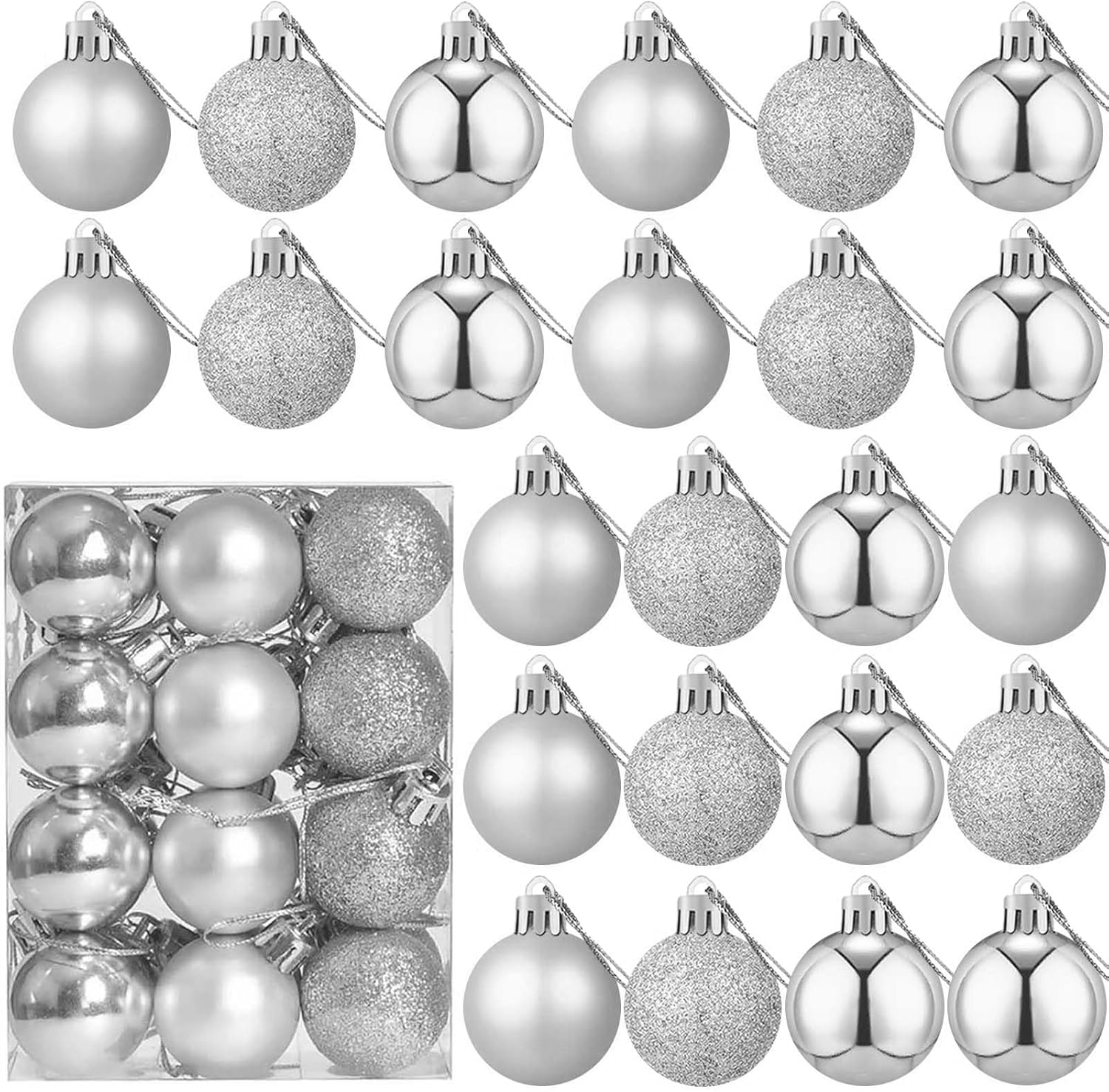 24 Count Small Silver Ornaments for Mini Christmas Tree, Small Shatterproof Christmas Tree Ornaments Balls Party Decorations, 1.2 Inch