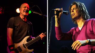 Left - Vocalist / guitarist Page Hamilton of Helmet performs at The Viper Room on May 4, 2013 in West Hollywood, California; Right- Singer David Bowie performs onstage at the Astoria on December 05, 1999 in LONDON, England