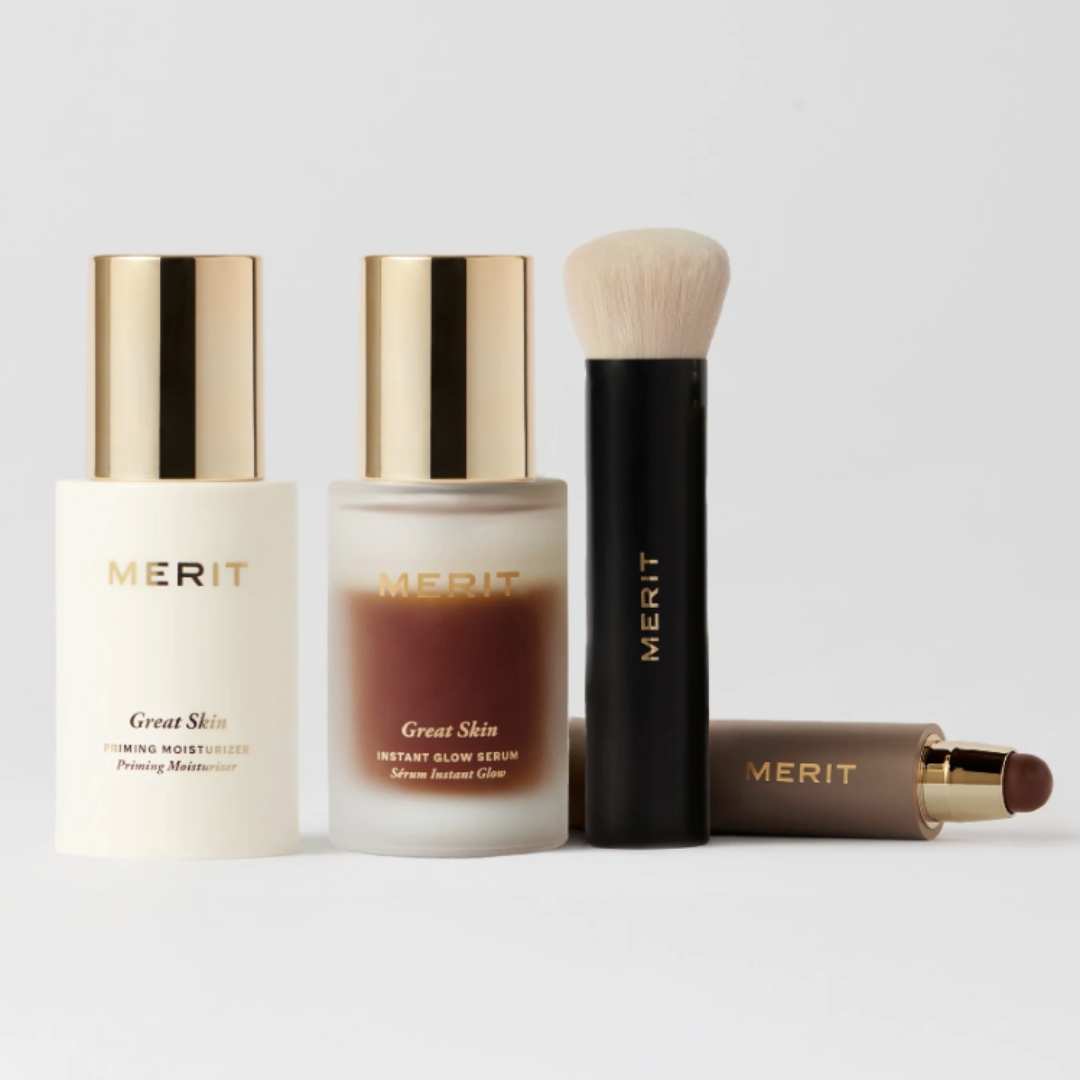 A product shot of the Merit The Prep Set, on a grey background