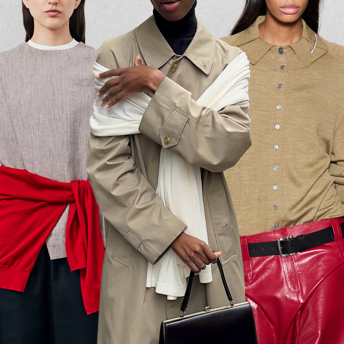Layering staples for spring 2026 are shown in a collage of runway and street style photos 