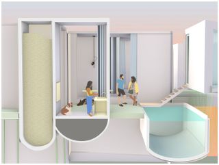 A 3D model of a house. We see the bathroom to the left and a girl washing her hands. To the right, we see a man and a woman talking next to a pool.
