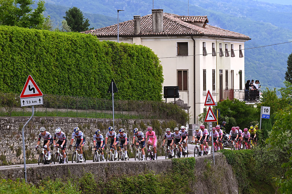 ASIAGO ITALY MAY 25 Isaac Del Toro of Mexico and Team UAE Team Emirates XRG Pink Leader Jersey Primoz Roglic of Slovenia and Team Red Bull BORA hansgrohe and a general view of the peloton competing during the 108th Giro dItalia 2025 Stage 15 a 219km stage from Fiume Veneto to Asiago UCIWT on May 25 2025 in Asiago Italy Photo by Tim de WaeleGetty Images