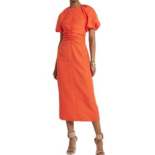 Coral Puffed Sleeves Ruched Midi Dress