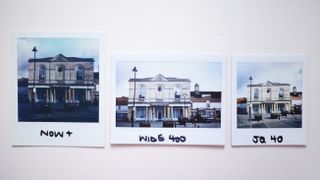 Polaroid Now+ Generation 2 side-by-side comparison images next to Instax Wide 400 and Instax Square SQ40 images