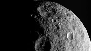 A cropped image of the asteroid Vesta's surface captured as NASA's Dawn spacecraft departed the rocky body on a trajectory to rendezvous with Ceres.