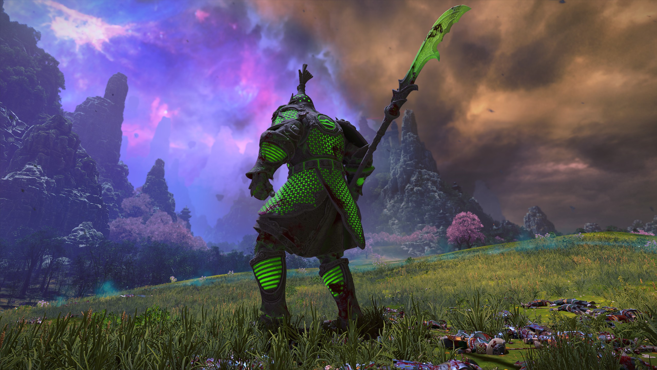 A Terracotta Sentinel in Total War: Warhammer 3's Grand Cathay region, standing in front of a magic-warped purple sky