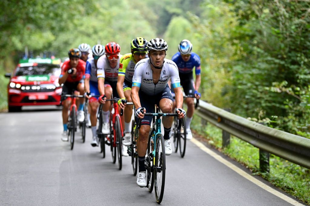 COLLU FANCUAYA SPAIN AUGUST 27 Alexey Lutsenko of Kazahkstan and Team Astana Qazaqstan competes in the breakaway during the 77th Tour of Spain 2022 Stage 8 a 1534km stage from Pola de Laviana to Collu Fancuaya 1084m LaVuelta22 WorldTour on August 27 2022 in Collu Fancuaya Spain Photo by Justin SetterfieldGetty Images