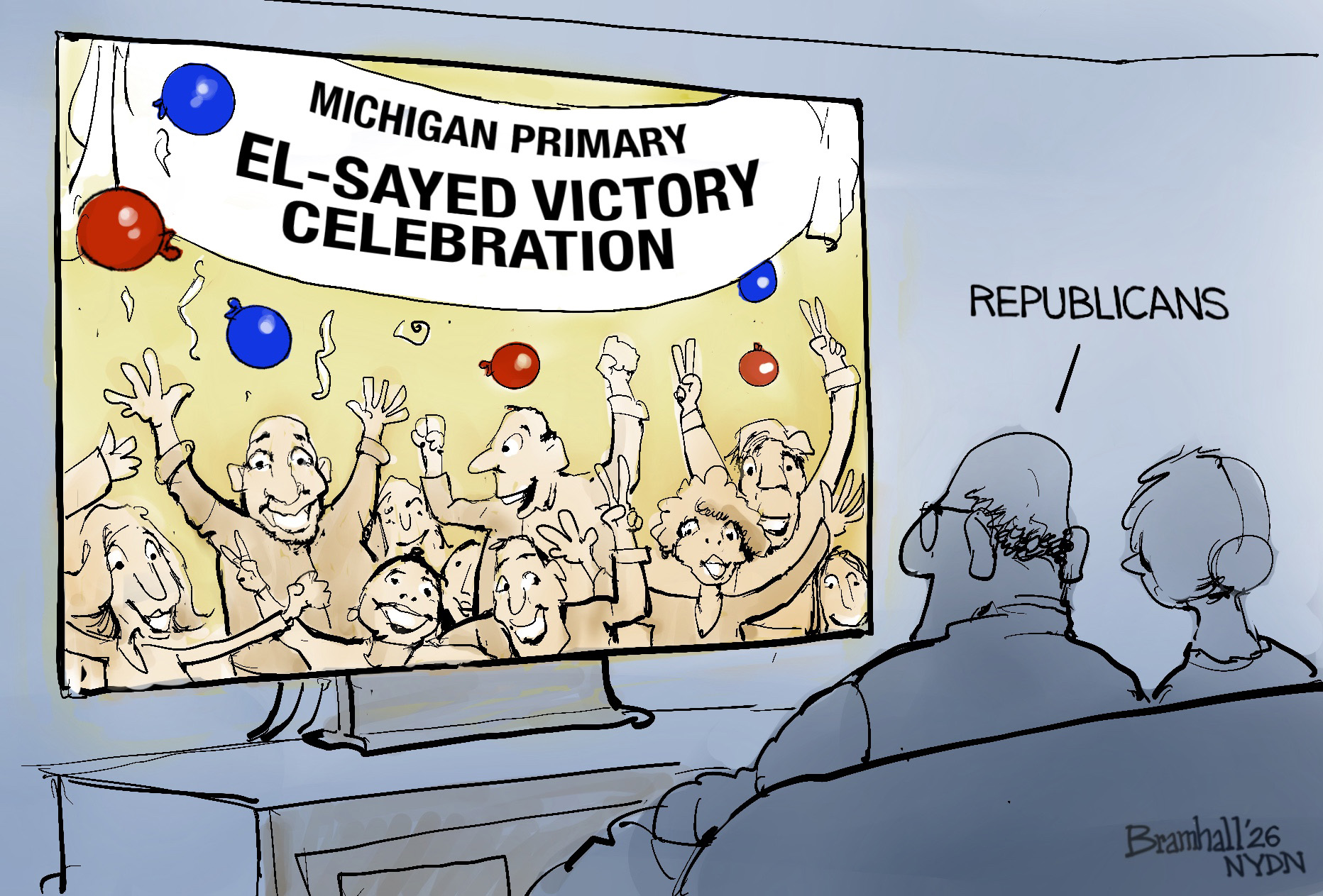 A man and a woman sit on a couch watching TV. They&amp;rsquo;re watching a group of people cheering below a banner that reads, &amp;ldquo;Michigan Primary: El-Sayed Victory Celebration.&amp;rdquo; The man watching the TV says, &amp;ldquo;Republicans.&amp;rdquo;