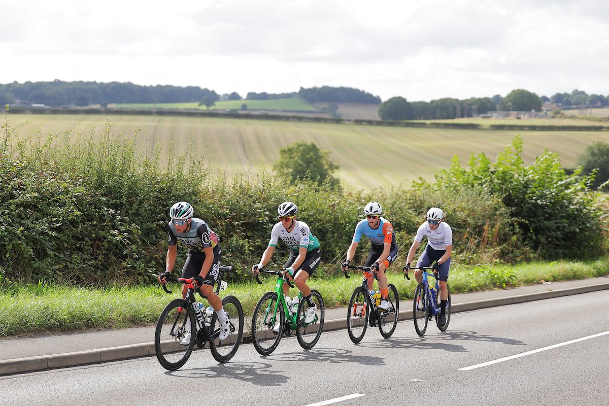 Picture by Alex WhiteheadSWpixcom 08092022 Cycling 2022 AJ Bell Tour of Britain Stage 5 West Bridgeford to Mansfield England Zeb Kyffin of Team Ribble Weldtite Pro Cycling Matt Teggart of Team WIV Sungod Alessandro Iacchi of Team Qhubeka and Joel Nicolau of Team Cara Rural Seguros RGA in the breakaway