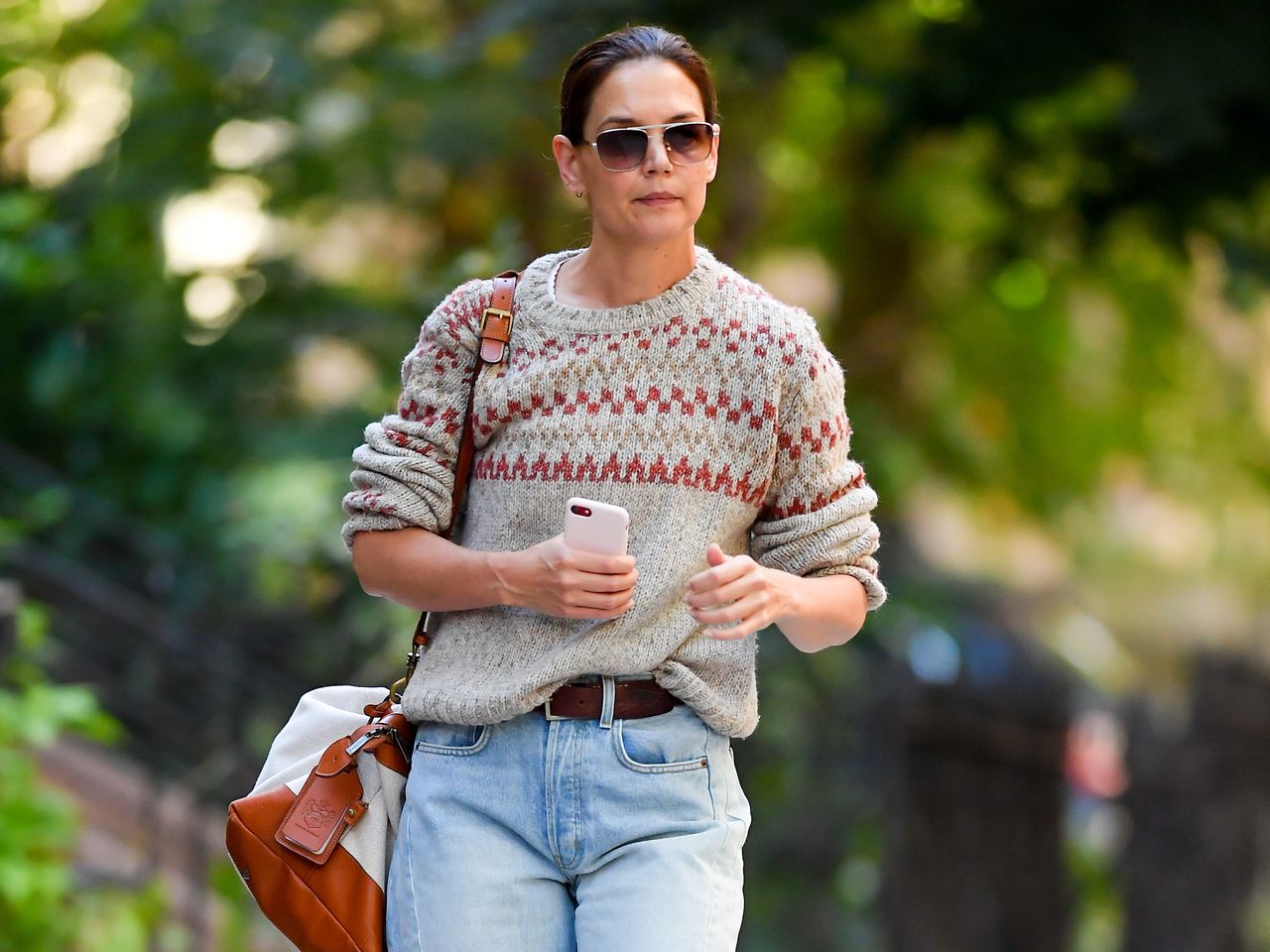 Katie Holmes in Fair Isle sweater.