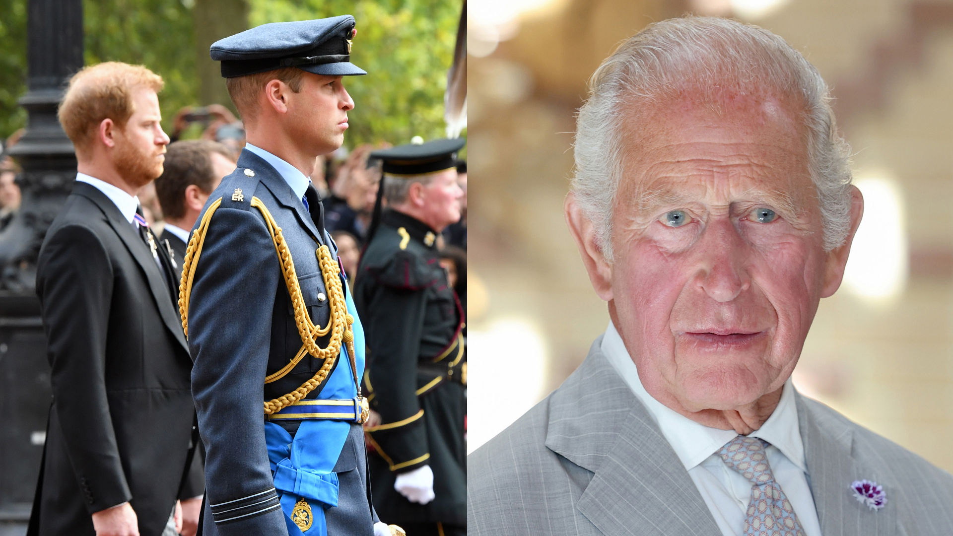 A split image with Prince Harry and Prince William walking at Queen Elizabeth's funeral and King Charles in a gray suit