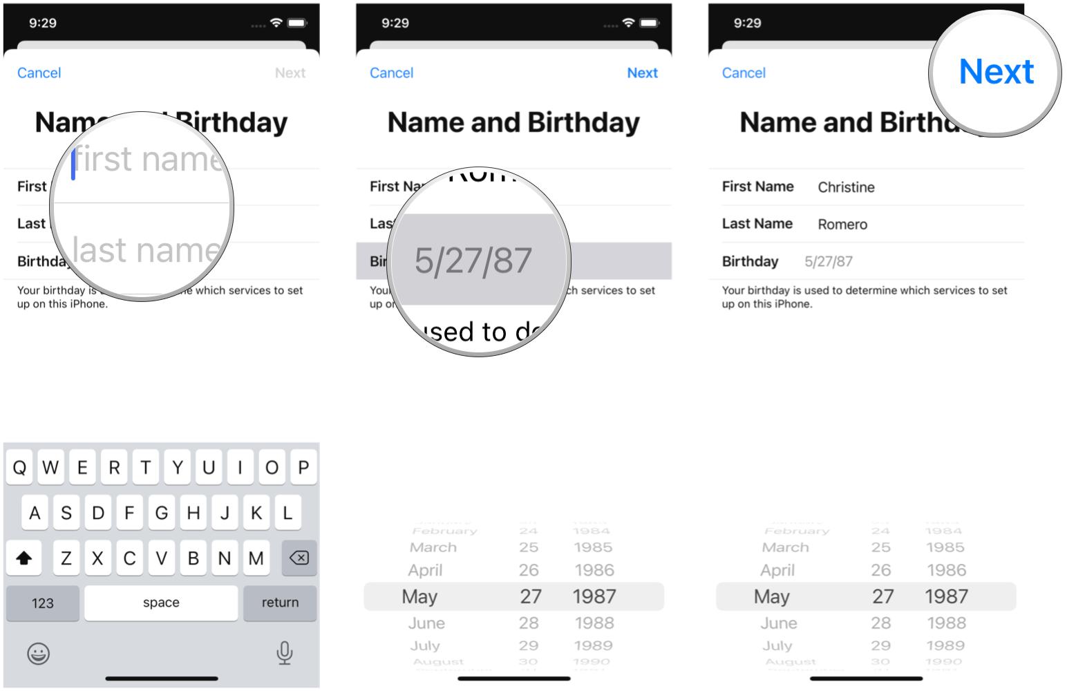 Создайте новый Apple ID на iPhone, показав: введите свое имя и фамилию, затем выберите день рождения, затем нажмите «Далее».
