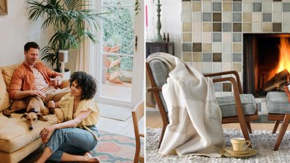 L- a couple and their dog at home, R- a cosy chair near a fireplace