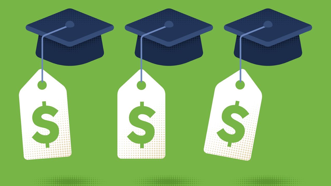 Illustration of three graduation caps with price tags attached to them