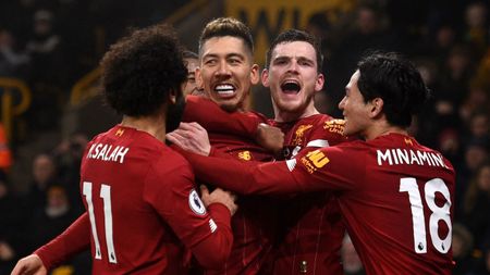 Liverpool striker Roberto Firmino celebrates his goal against Wolves in the Premier League