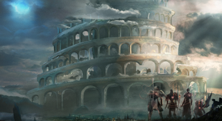 Babylon's Fall characters looking at a colosseum.