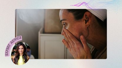 woman washing her face with a badge of Dr Anjali Mahto in the corner with a label saying 'expert advice'