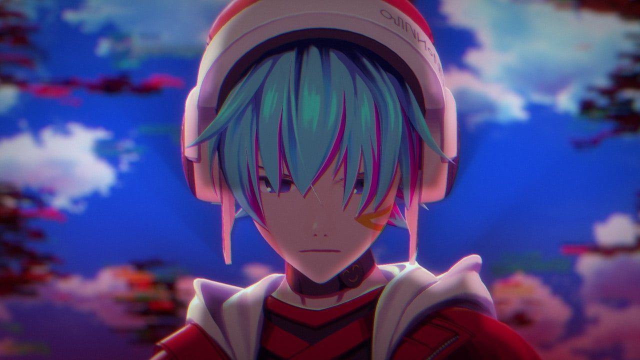 Screenshot from .hack//Zero's reveal trailer, showing a blue haired protagonist with headphones on looking into the camera. A blue sky stands behind him while ominous black threads creep toward his face.