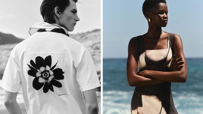 Woman and man wearing COS Stephen Doherty floral collaboration on beach