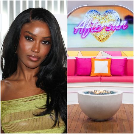 A split image of the 'Love Island USA: Aftersun' set and co-host Ciara Miller.